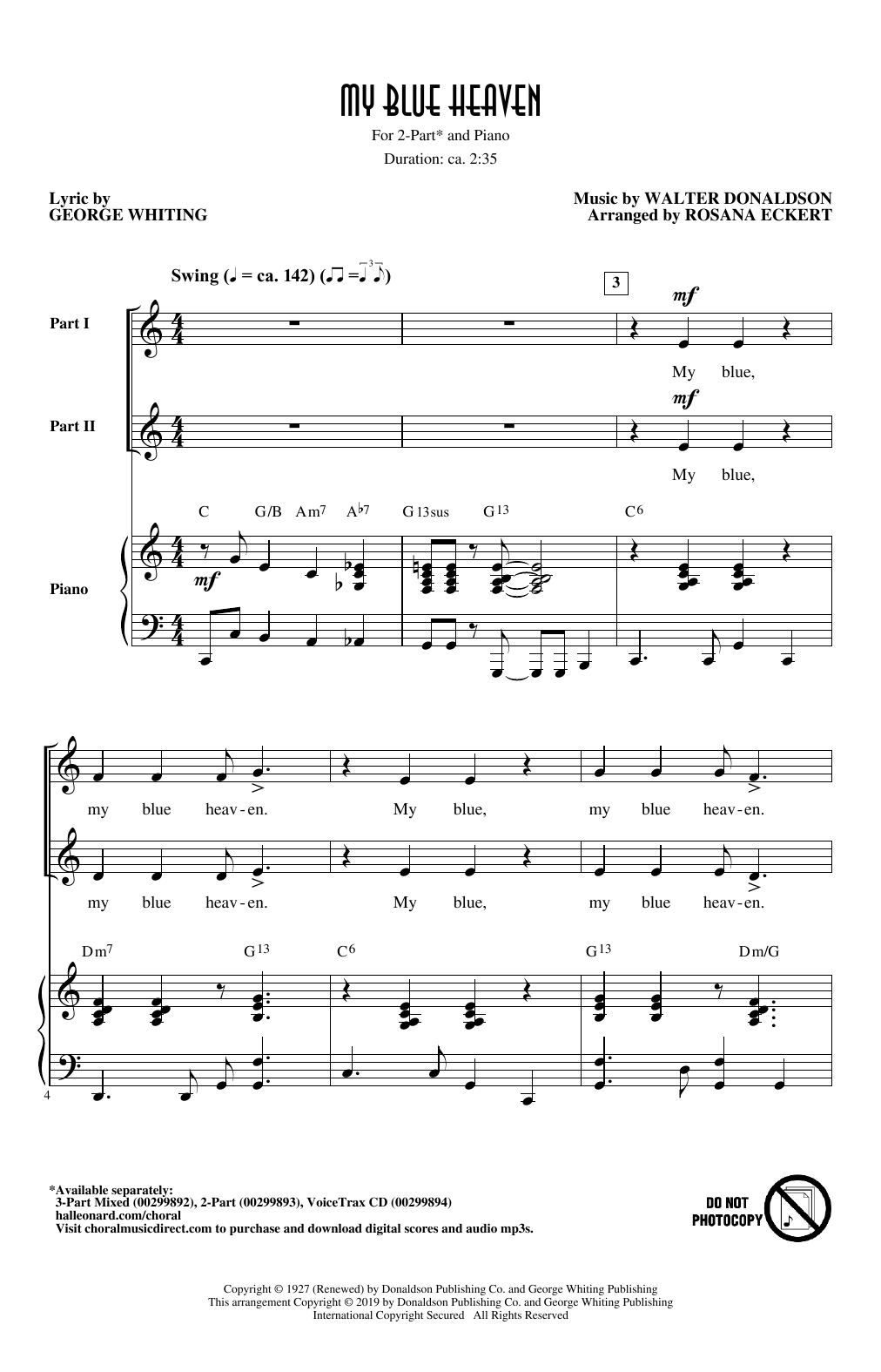 George Whiting and Walter Donaldson My Blue Heaven (arr. Rosana Eckert) Sheet Music Notes & Chords for 2-Part Choir - Download or Print PDF