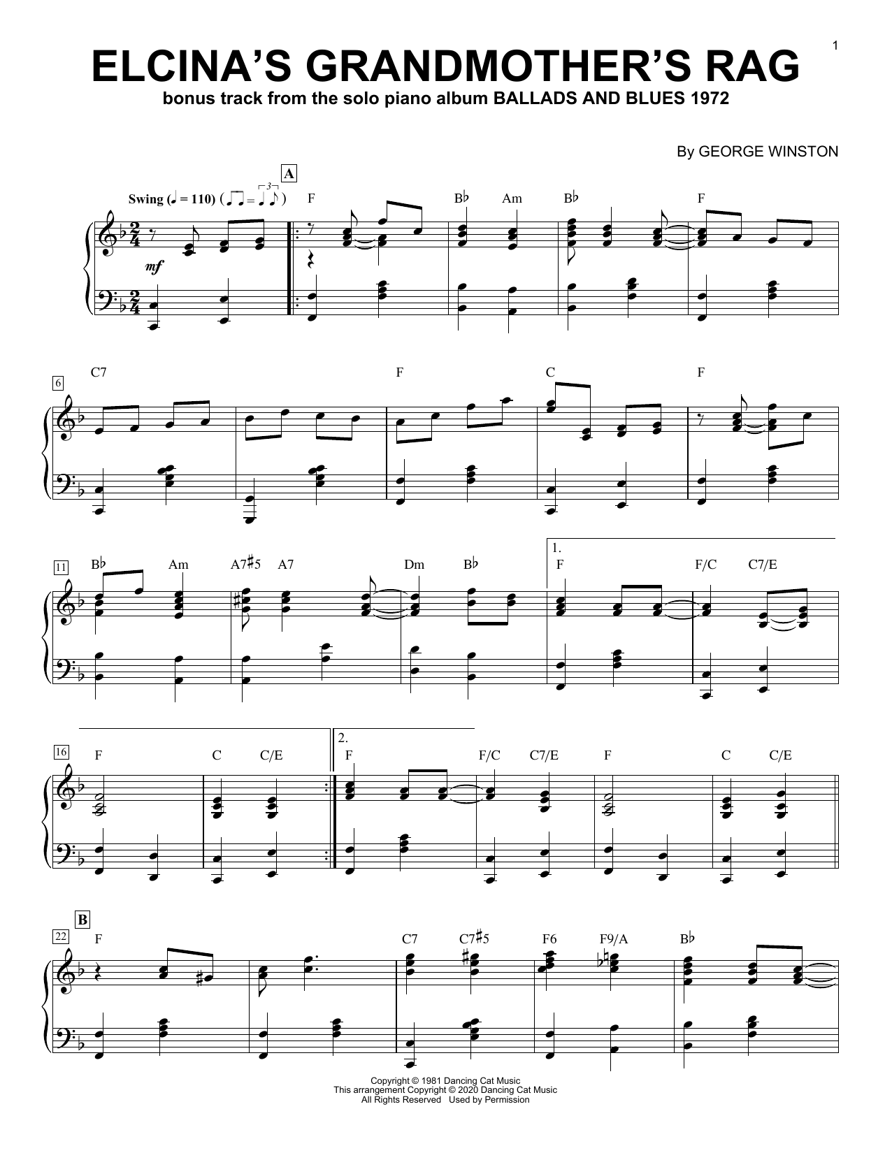 George Winston Elcina's Grandmother's Rag Sheet Music Notes & Chords for Piano Solo - Download or Print PDF
