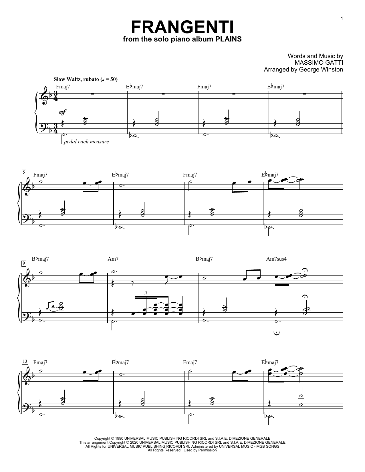 George Winston Frangenti Sheet Music Notes & Chords for Piano Solo - Download or Print PDF