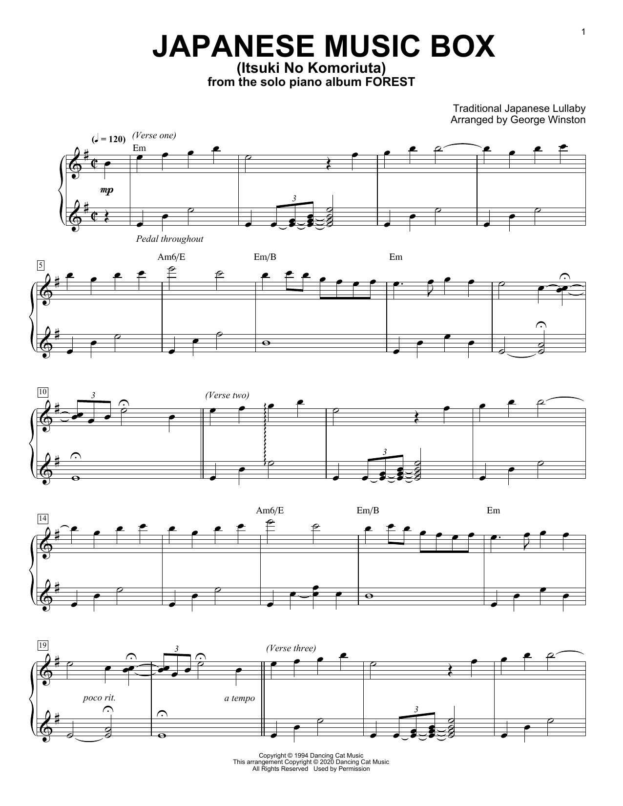 George Winston Japanese Music Box (Itsuki No Komoriuta) Sheet Music Notes & Chords for Piano Solo - Download or Print PDF