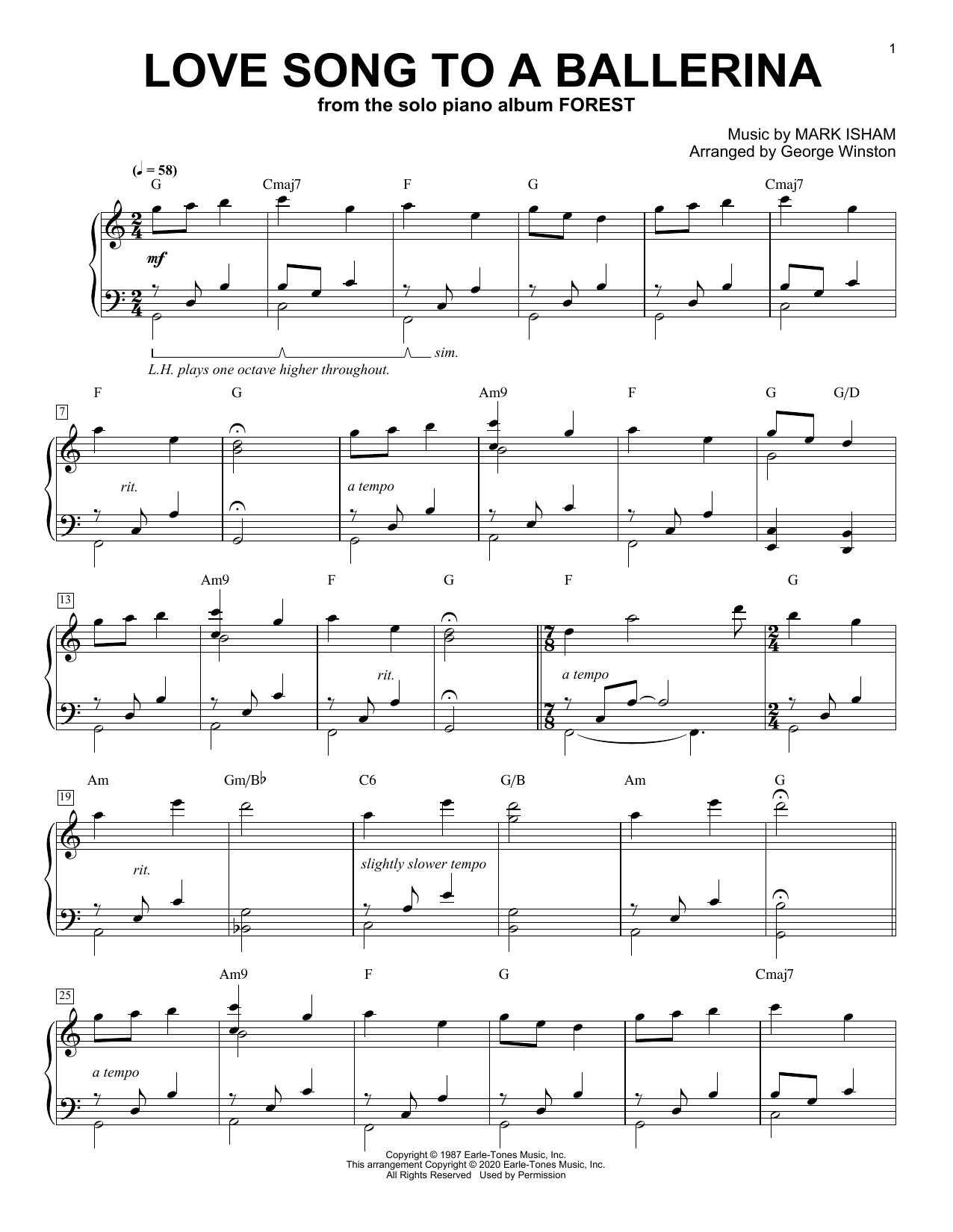 George Winston Love Song To A Ballerina Sheet Music Notes & Chords for Piano Solo - Download or Print PDF