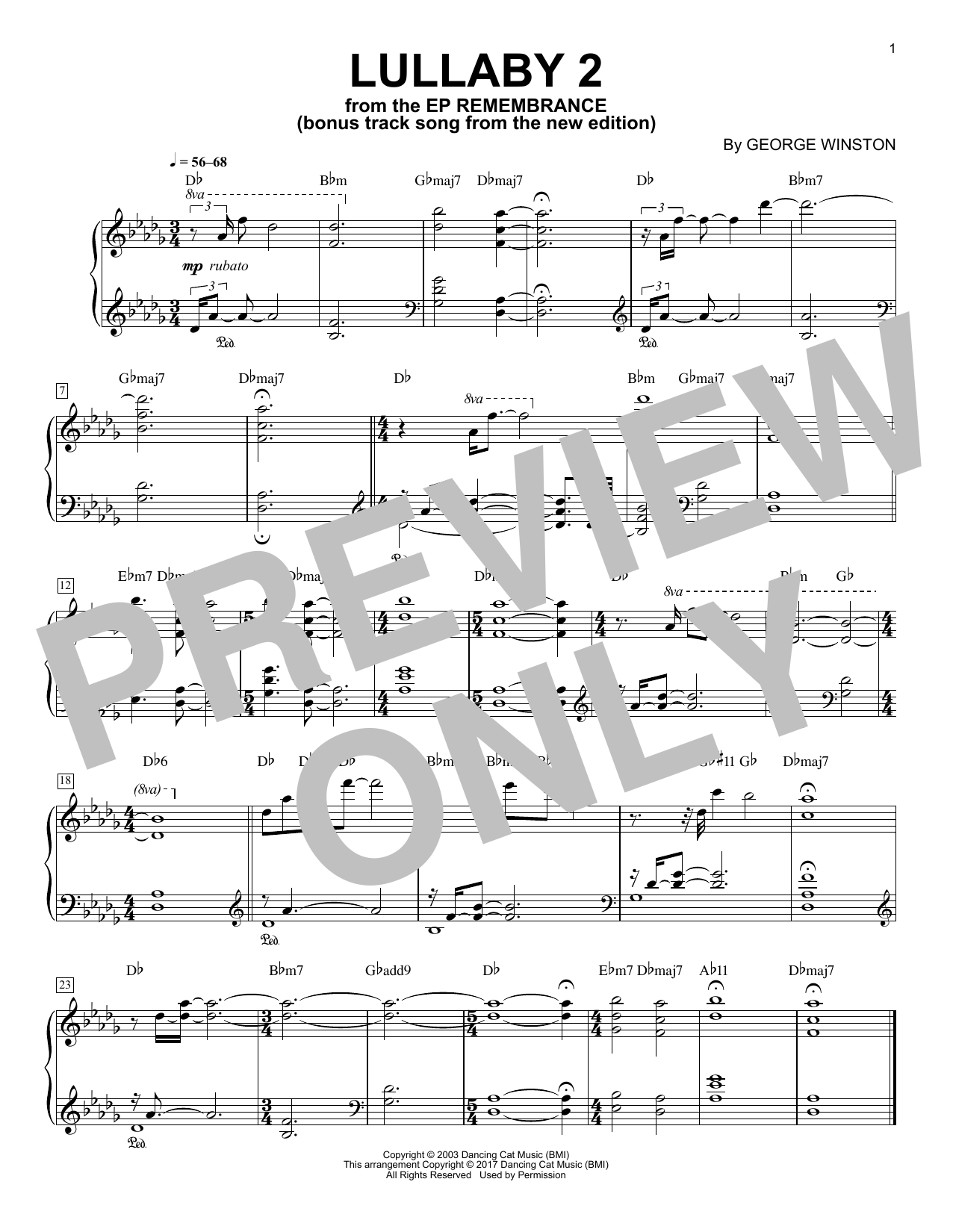 George Winston Lullaby 2 Sheet Music Notes & Chords for Piano - Download or Print PDF