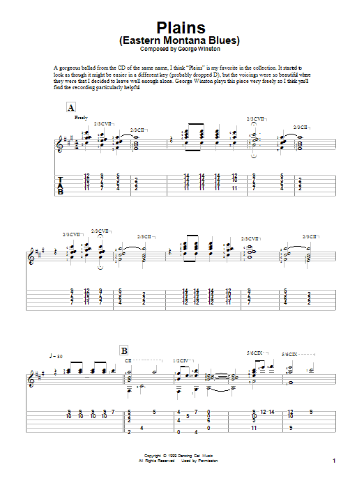 George Winston Plains (Eastern Montana Blues) Sheet Music Notes & Chords for Guitar Tab - Download or Print PDF