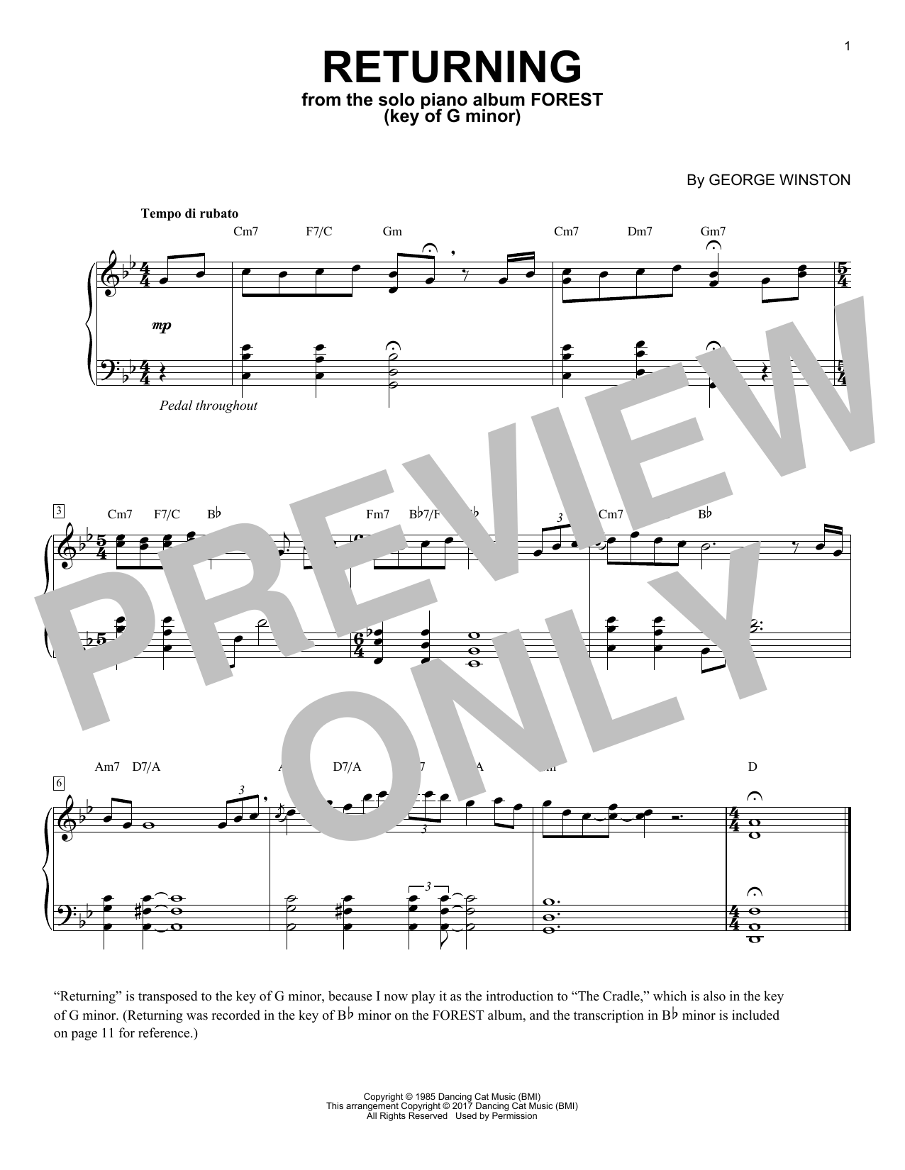 George Winston Returning In The Key Of G Minor Sheet Music Notes & Chords for Piano - Download or Print PDF