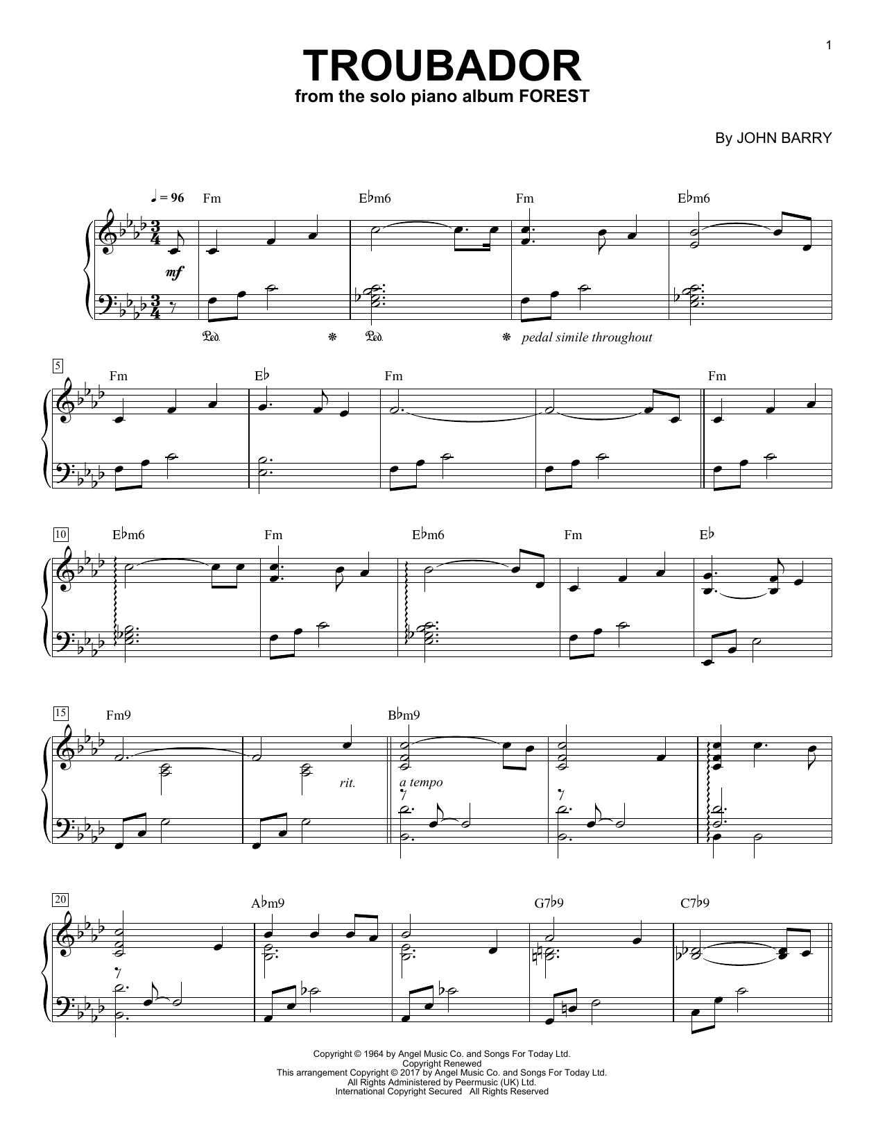 George Winston Troubadour Sheet Music Notes & Chords for Piano - Download or Print PDF
