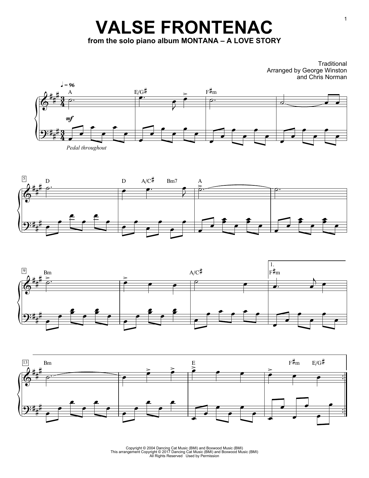 George Winston Valse De Frontenac Sheet Music Notes & Chords for Piano - Download or Print PDF