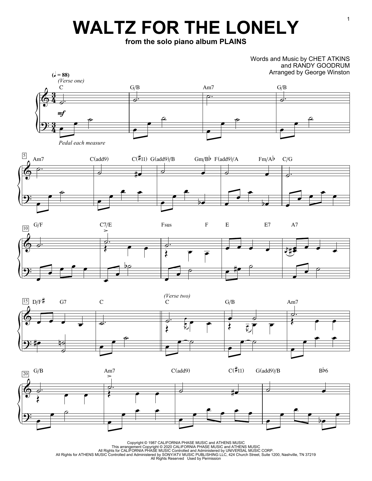 George Winston Waltz For The Lonely Sheet Music Notes & Chords for Piano Solo - Download or Print PDF