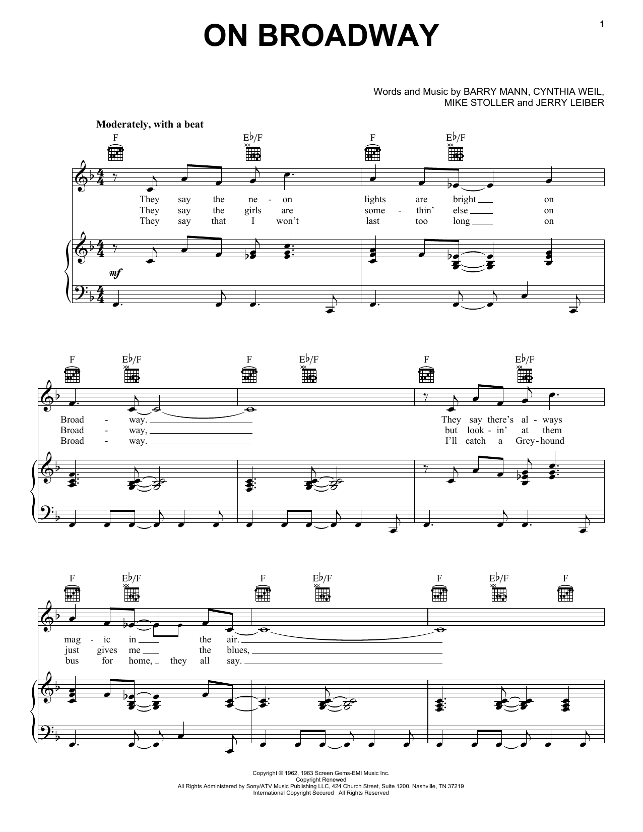 Preview George Benson On Broadway Pop sheet music, notes and chords for Piano, Vocal & Guitar (Right-Hand Melody), SKU: 18087 On Broadway sheet music