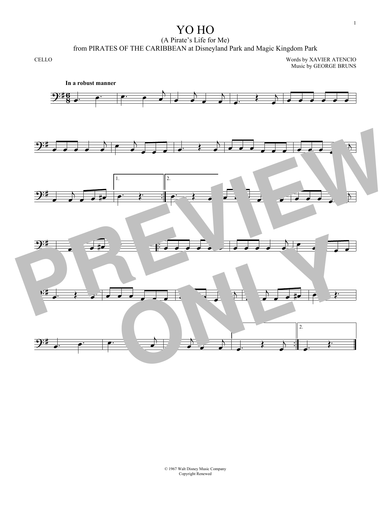 George Bruns Yo Ho A Pirate S Life For Me Sheet Music Download Pdf Score 195920