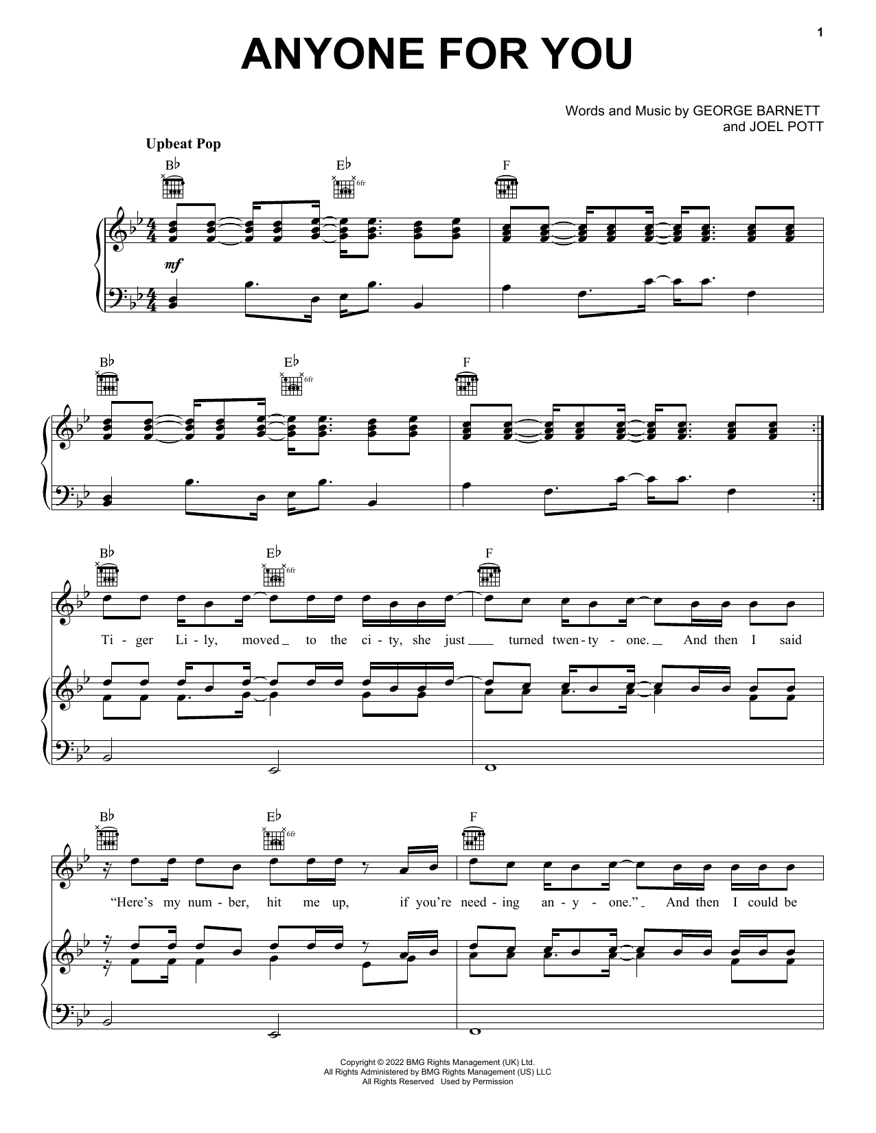 Anyone For You (Tiger Lily) sheet music