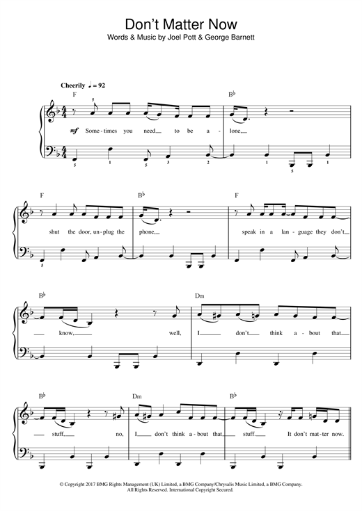 George Ezra Don't Matter Now Sheet Music Notes & Chords for Piano, Vocal & Guitar (Right-Hand Melody) - Download or Print PDF