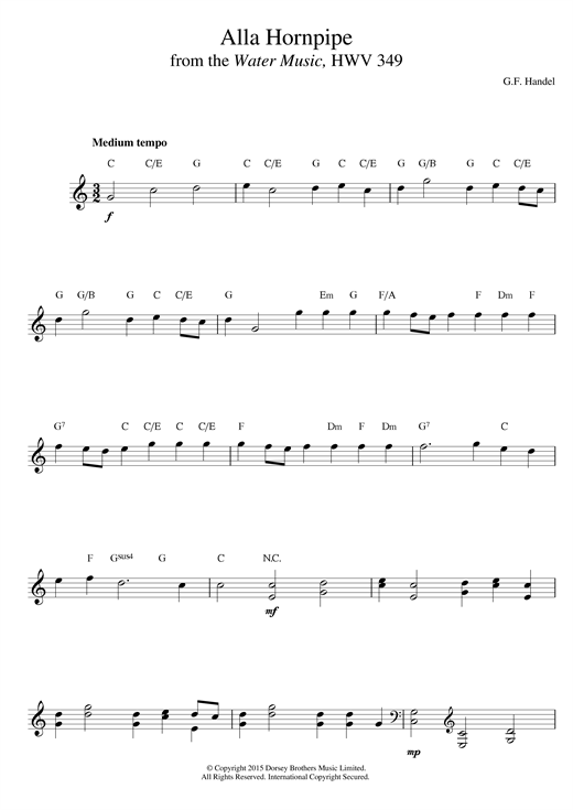 Preview George Frideric Handel Hornpipe (from The Water Music Suite) Classical sheet music, notes and chords for Melody Line & Chords, SKU: 14059 Hornpipe (from The Water Music Suite) sheet music
