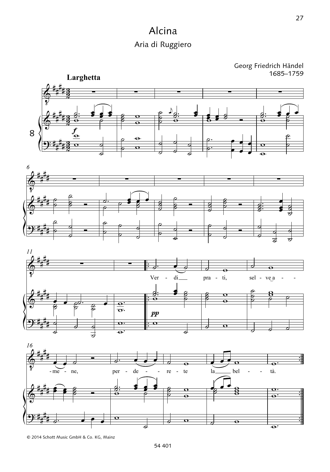 Preview George Frideric Handel Verdi prati, selve amene Classical sheet music, notes and chords for Piano & Vocal, SKU: 364106 Verdi prati, selve amene sheet music