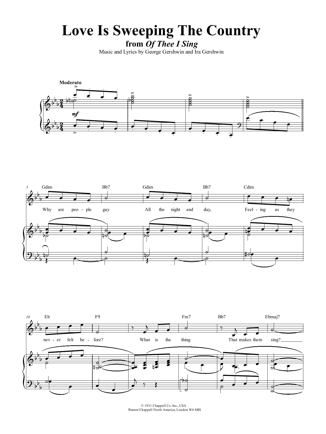 Preview George Gershwin Love Is Sweeping The Country Musical/Show sheet music, notes and chords for Piano, Vocal & Guitar (Right-Hand Melody), SKU: 43684 Love Is Sweeping The Country sheet music