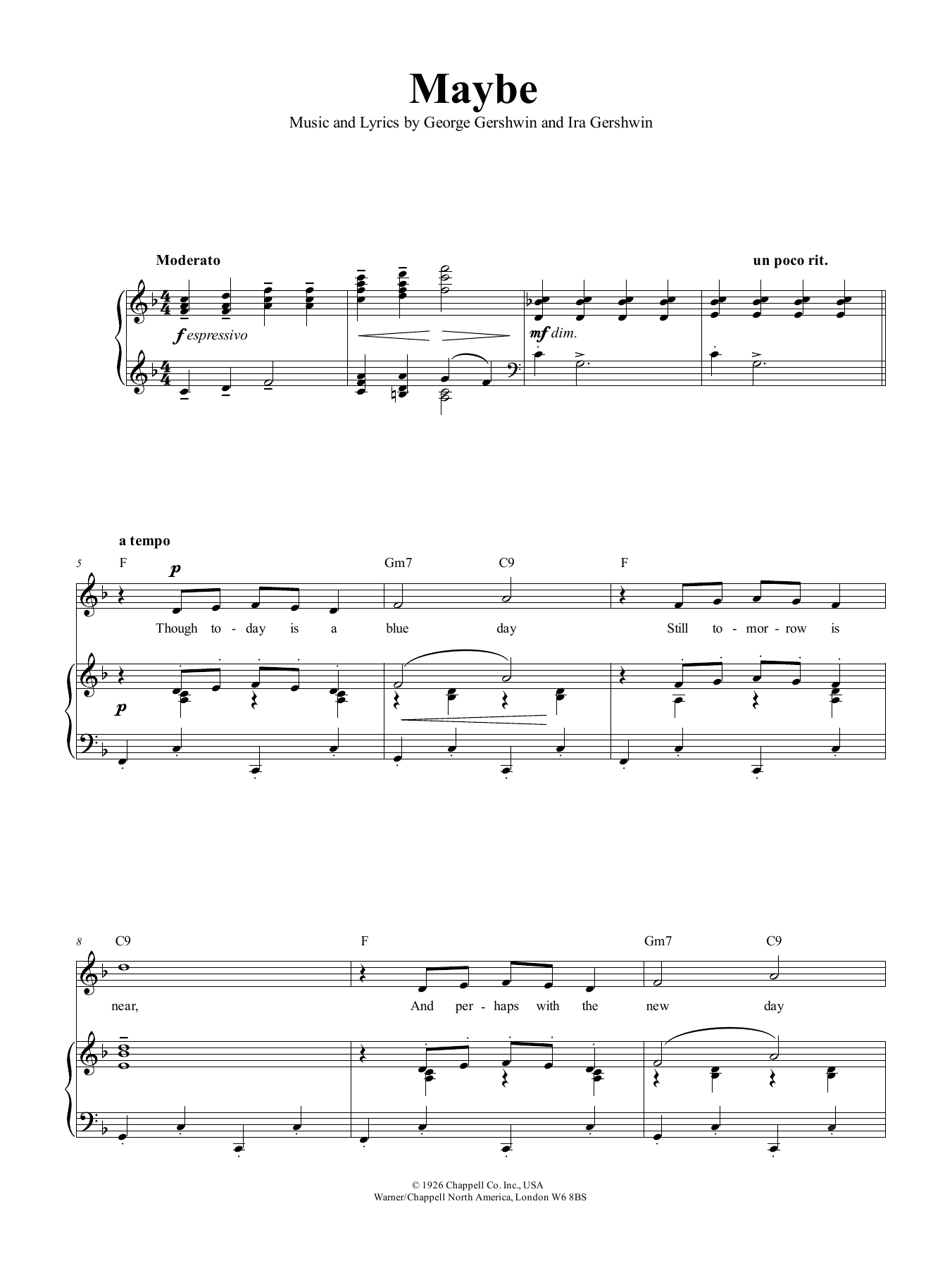 Preview George Gershwin Maybe Musical/Show sheet music, notes and chords for Piano, Vocal & Guitar (Right-Hand Melody), SKU: 43699 Maybe sheet music