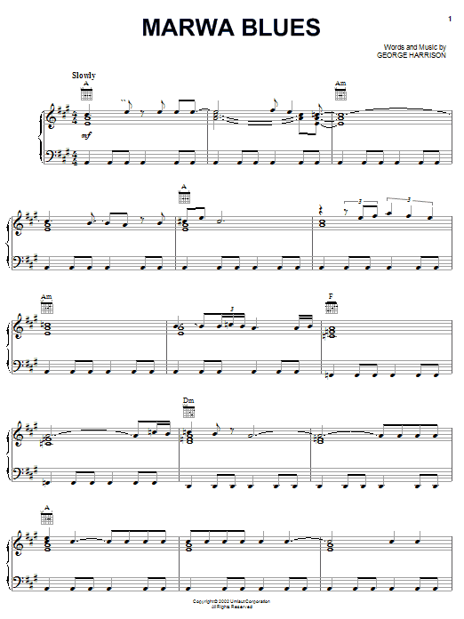Preview George Harrison Marwa Blues Rock sheet music, notes and chords for Piano, Vocal & Guitar (Right-Hand Melody), SKU: 25332 Marwa Blues sheet music