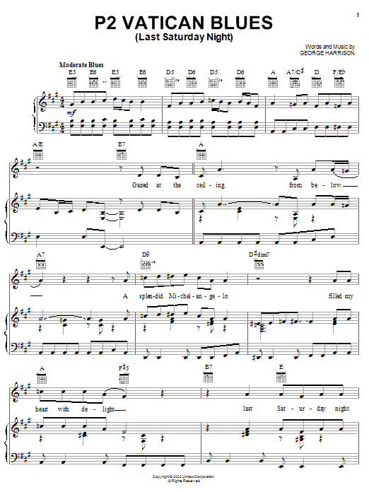 Preview George Harrison P2 Vatican Blues (Last Saturday Night) Rock sheet music, notes and chords for Piano, Vocal & Guitar (Right-Hand Melody), SKU: 25328 P2 Vatican Blues (Last Saturday Night) sheet music