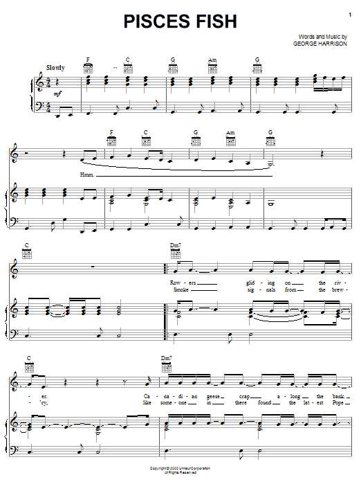 Preview George Harrison Pisces Fish Rock sheet music, notes and chords for Piano, Vocal & Guitar (Right-Hand Melody), SKU: 25329 Pisces Fish sheet music