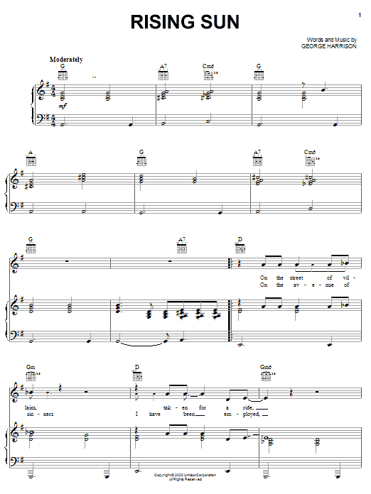 Preview George Harrison Rising Sun Rock sheet music, notes and chords for Piano, Vocal & Guitar (Right-Hand Melody), SKU: 25331 Rising Sun sheet music