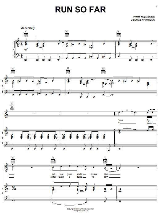 Preview George Harrison Run So Far Rock sheet music, notes and chords for Piano, Vocal & Guitar (Right-Hand Melody), SKU: 25334 Run So Far sheet music