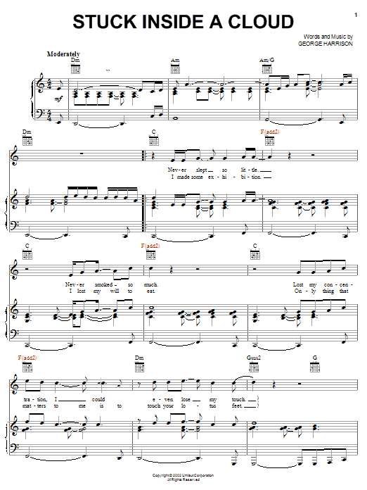 Preview George Harrison Stuck Inside A Cloud Rock sheet music, notes and chords for Piano, Vocal & Guitar (Right-Hand Melody), SKU: 25333 Stuck Inside A Cloud sheet music