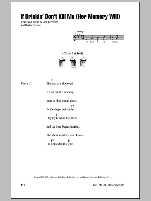 Preview George Jones If Drinkin' Don't Kill Me (Her Memory Will) Country sheet music, notes and chords for Lyrics & Chords, SKU: 80070 If Drinkin' Don't Kill Me (Her Memory Will) sheet music