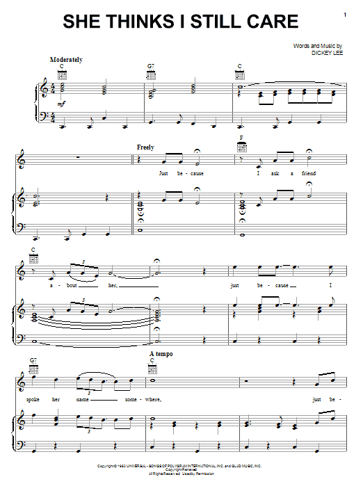 Preview George Jones She Thinks I Still Care Country sheet music, notes and chords for Piano, Vocal & Guitar (Right-Hand Melody), SKU: 53665 She Thinks I Still Care sheet music