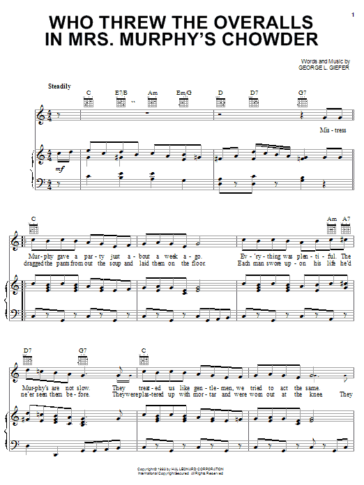 Preview George L. Giefer Who Threw The Overalls In Mrs. Murphy's Chowder Children sheet music, notes and chords for Piano, Vocal & Guitar (Right-Hand Melody), SKU: 25966 Who Threw The Overalls In Mrs. Murphy's Chowder sheet music
