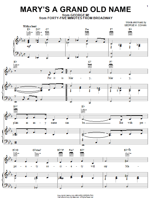 Preview George M. Cohan Mary's A Grand Old Name World sheet music, notes and chords for Piano, Vocal & Guitar (Right-Hand Melody), SKU: 25951 Mary's A Grand Old Name sheet music
