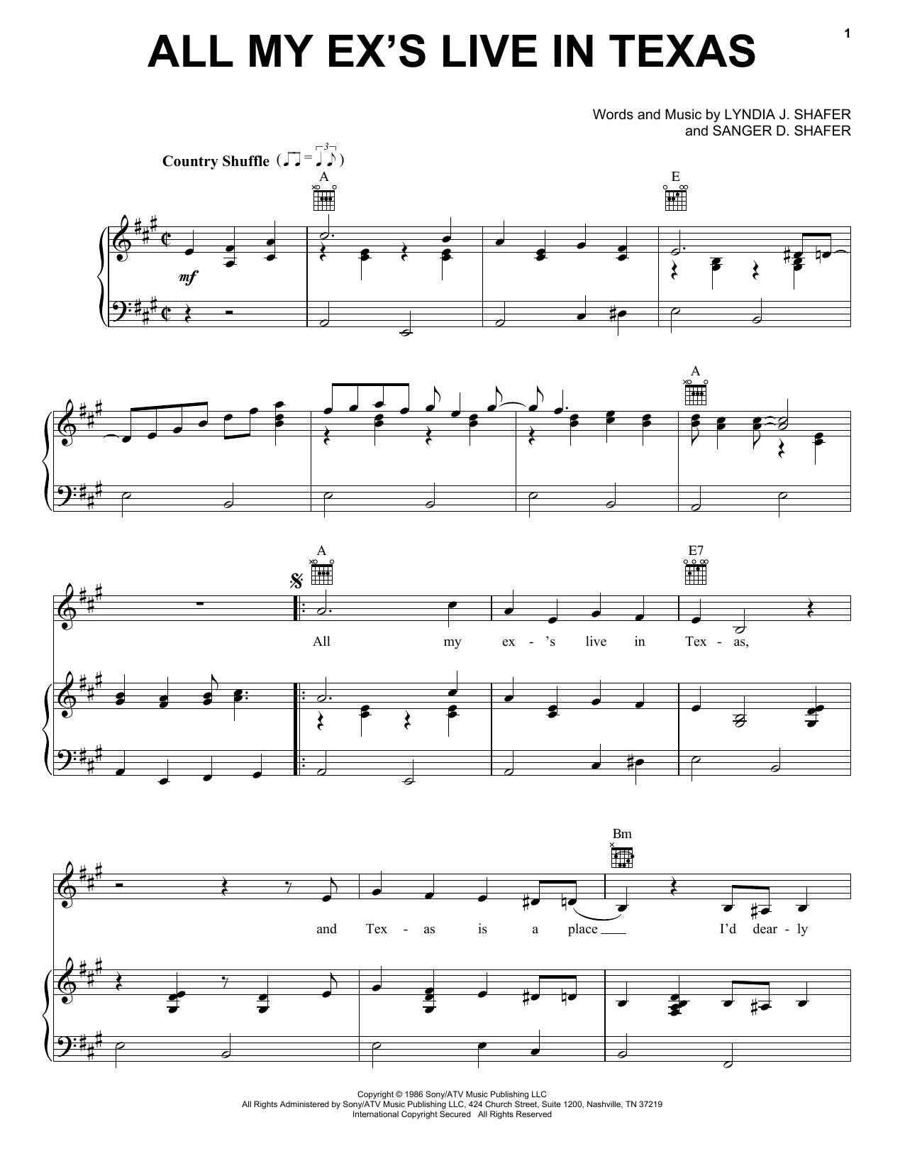 Preview George Strait All My Ex's Live In Texas Country sheet music, notes and chords for Piano, Vocal & Guitar (Right-Hand Melody), SKU: 50602 All My Ex's Live In Texas sheet music