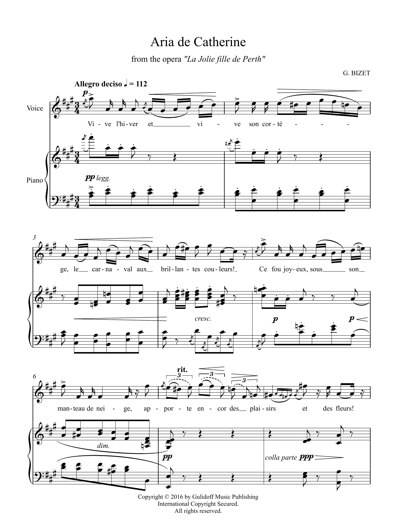Georges Bizet 7 Songs: Aria de Catherine from the opera La Jolie fille de Perth Sheet Music Notes & Chords for Piano & Vocal - Download or Print PDF