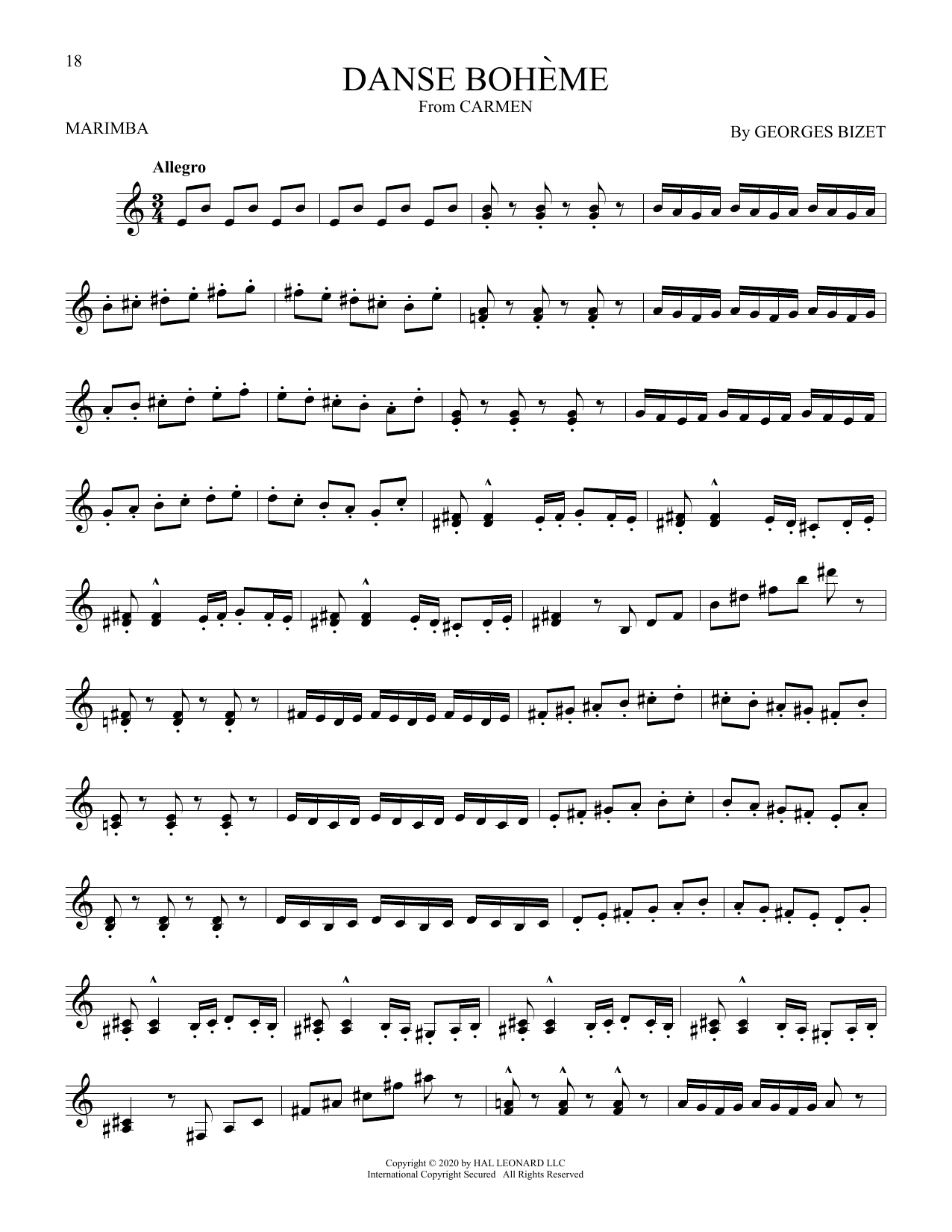 Georges Bizet Danse Boheme Sheet Music Notes & Chords for Marimba Solo - Download or Print PDF