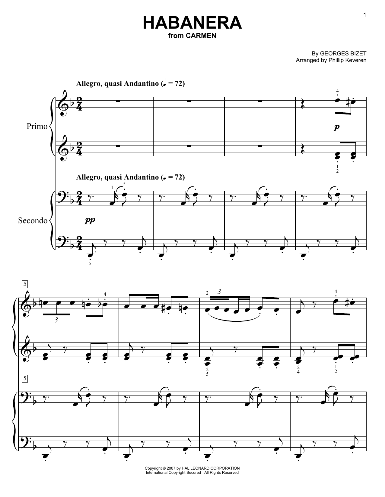 Phillip Keveren Habanera Sheet Music Notes & Chords for Easy Piano Duet - Download or Print PDF