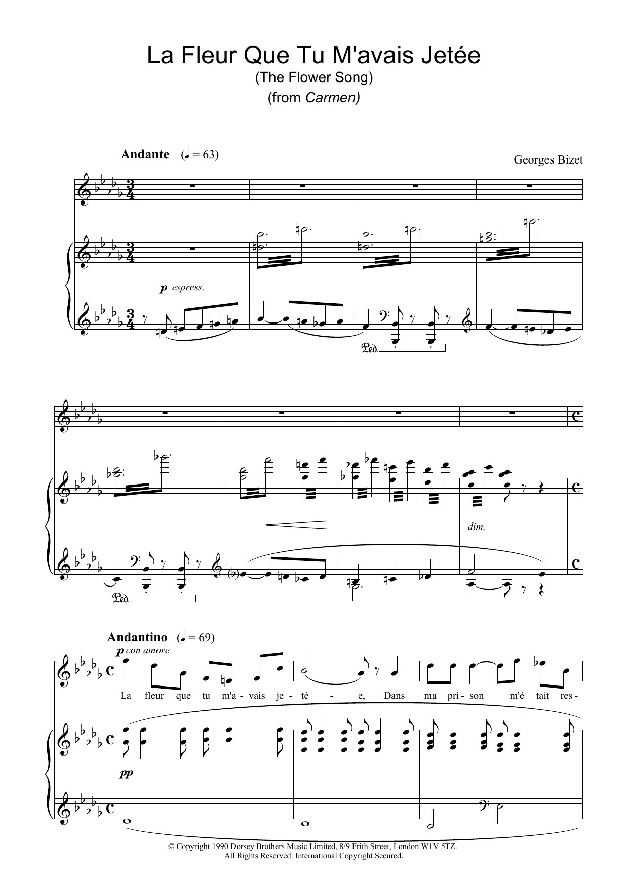 Georges Bizet La Fleur Que Tu M'avais Jetee (The Flower Song) (from Carmen) Sheet Music Notes & Chords for Piano & Vocal - Download or Print PDF