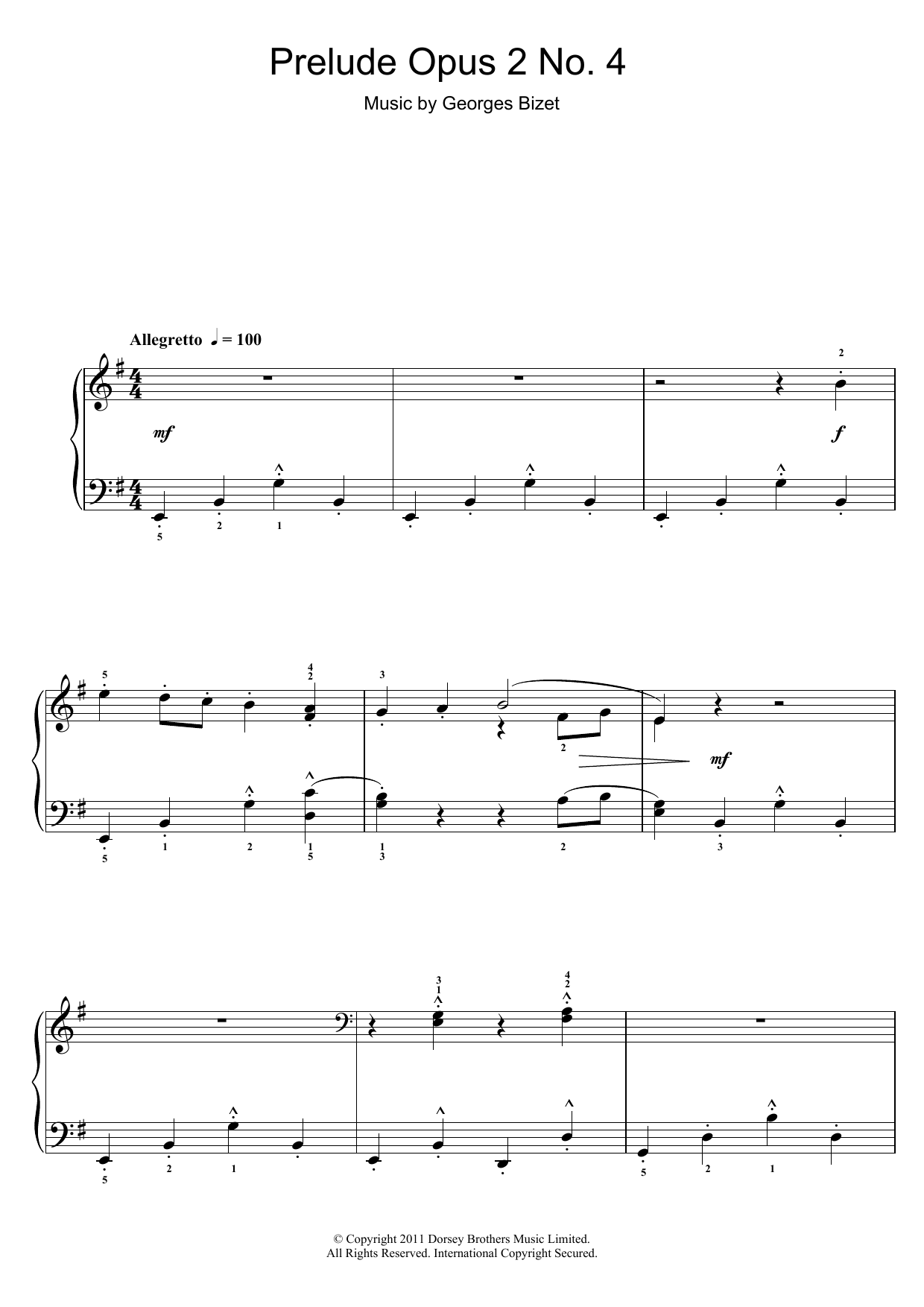 Georges Bizet Prelude Opus 2 No. 4 Sheet Music Notes & Chords for Piano - Download or Print PDF