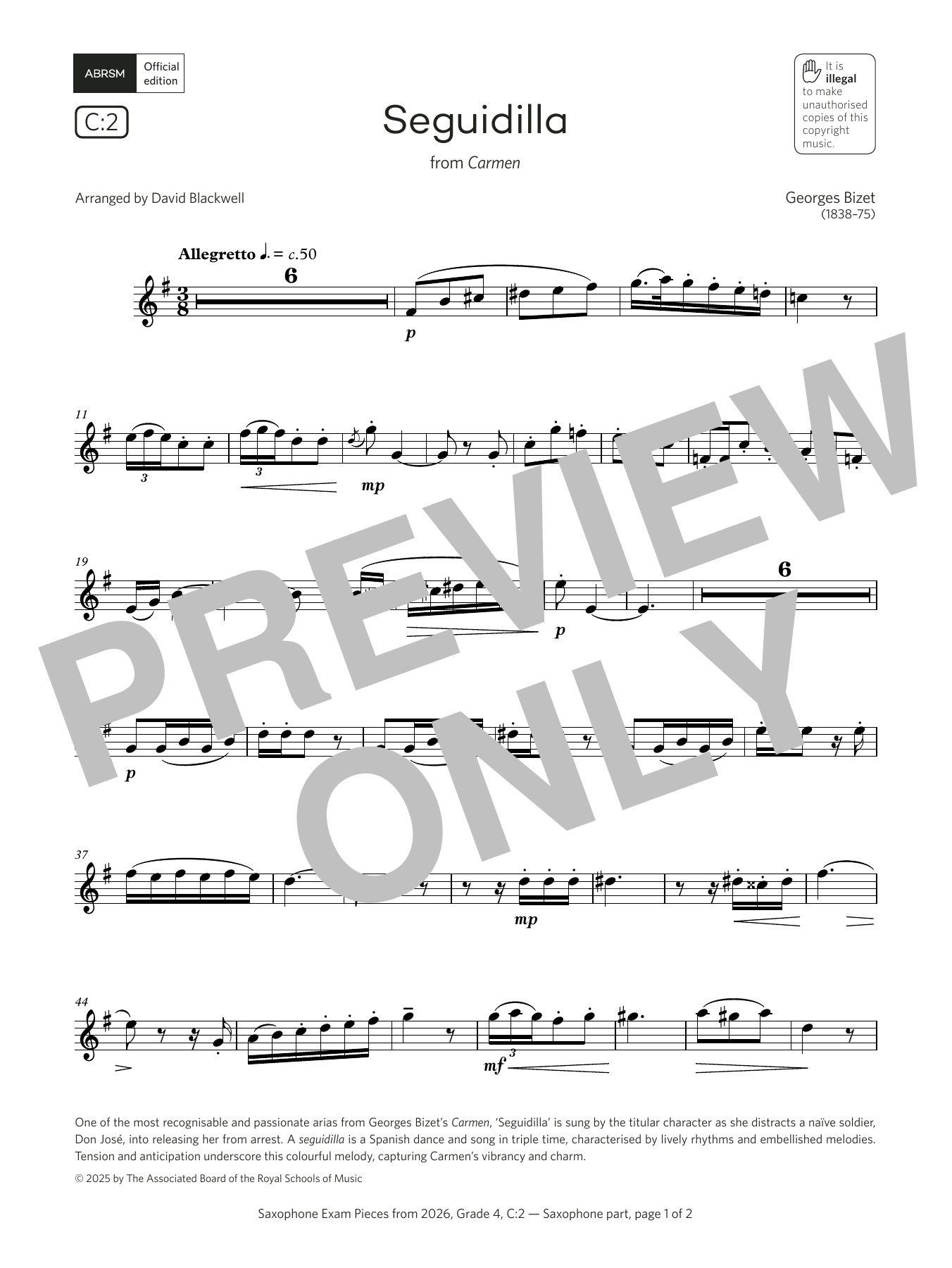 Georges Bizet Seguidilla (Grade 4, list C2, from the ABRSM Saxophone Syllabus from 2026) Sheet Music Notes & Chords for Alto Sax Solo - Download or Print PDF Georges Bizet Seguidilla (Grade 4, list C2, from the ABRSM Saxophone Syllabus from 2026) Sheet Music Notes & Chords for Alto Sax Solo - Download or Print PDF