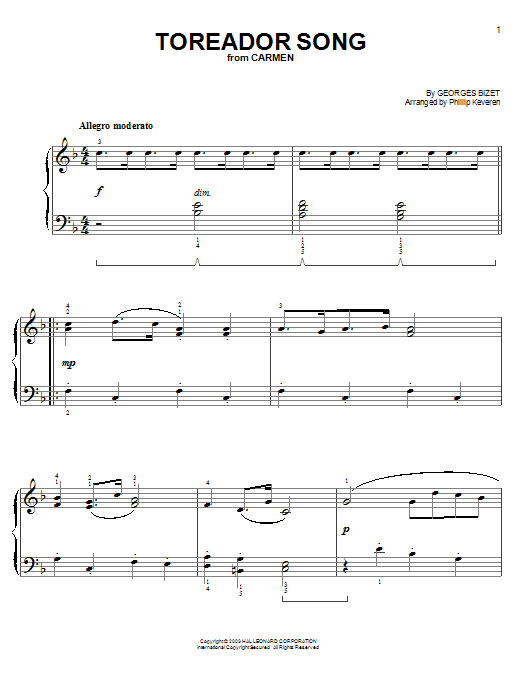 Georges Bizet Toreador Song (from The Bad News Bears) (arr. Phillip Keveren) Sheet Music Notes & Chords for Easy Piano - Download or Print PDF