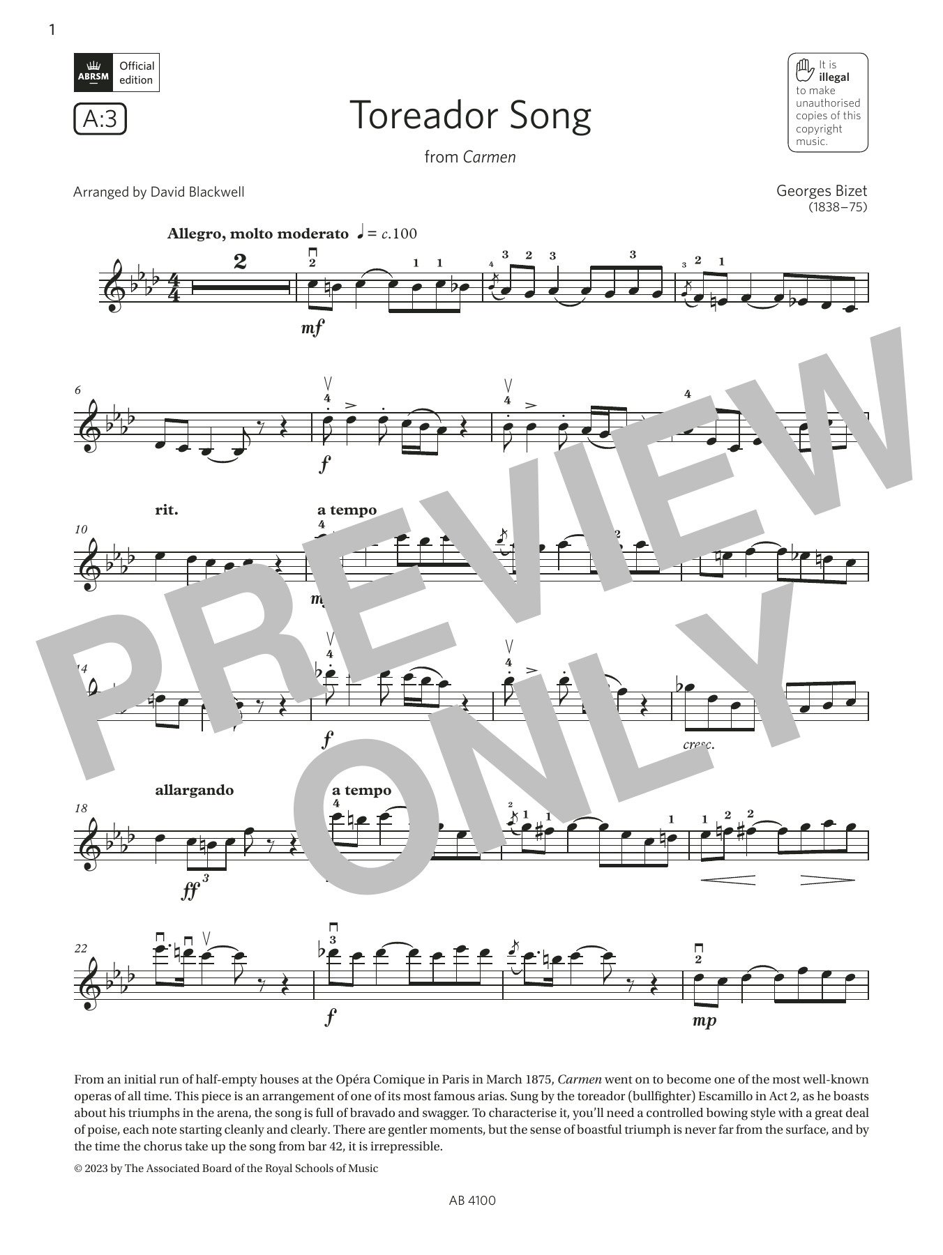 Georges Bizet Toreador Song (Grade 6, A3, from the ABRSM Violin Syllabus from 2024) Sheet Music Notes & Chords for Violin Solo - Download or Print PDF