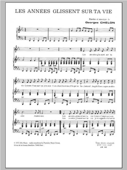 Georges Chelon Les Annees Glissent Sur Ta Vie Sheet Music Notes & Chords for Piano & Vocal - Download or Print PDF