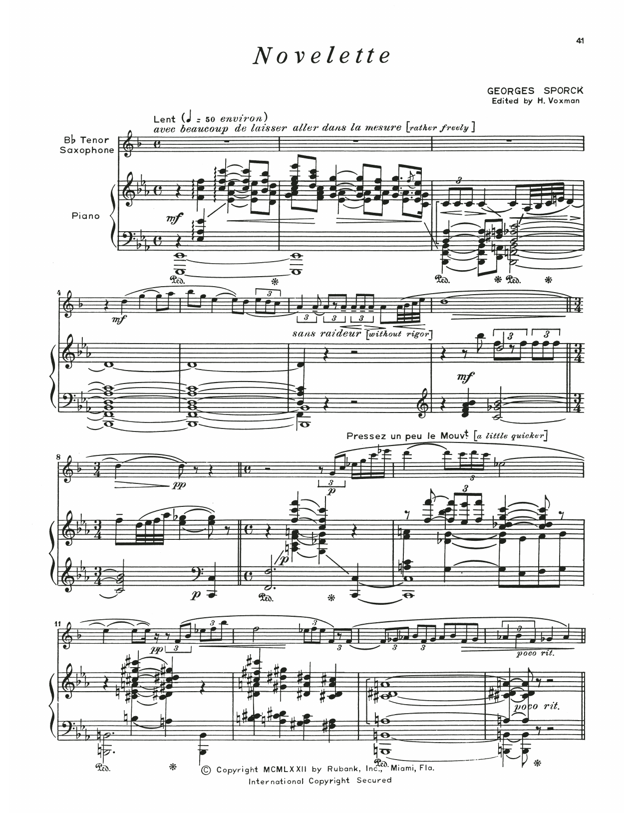 Georges Sporck Novelette Sheet Music Notes & Chords for Tenor Sax and Piano - Download or Print PDF