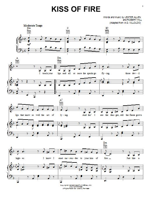 Georgia Gibbs Kiss Of Fire Sheet Music Notes & Chords for Lyrics & Chords - Download or Print PDF