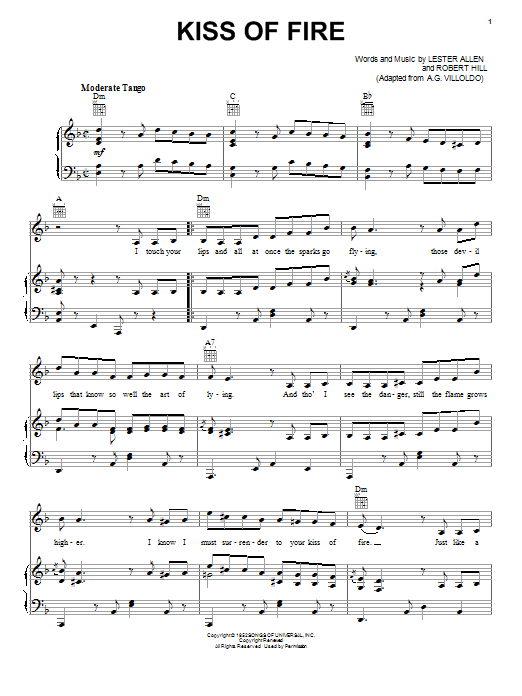 Georgia Gibbs Kiss Of Fire Sheet Music Notes & Chords for Melody Line, Lyrics & Chords - Download or Print PDF