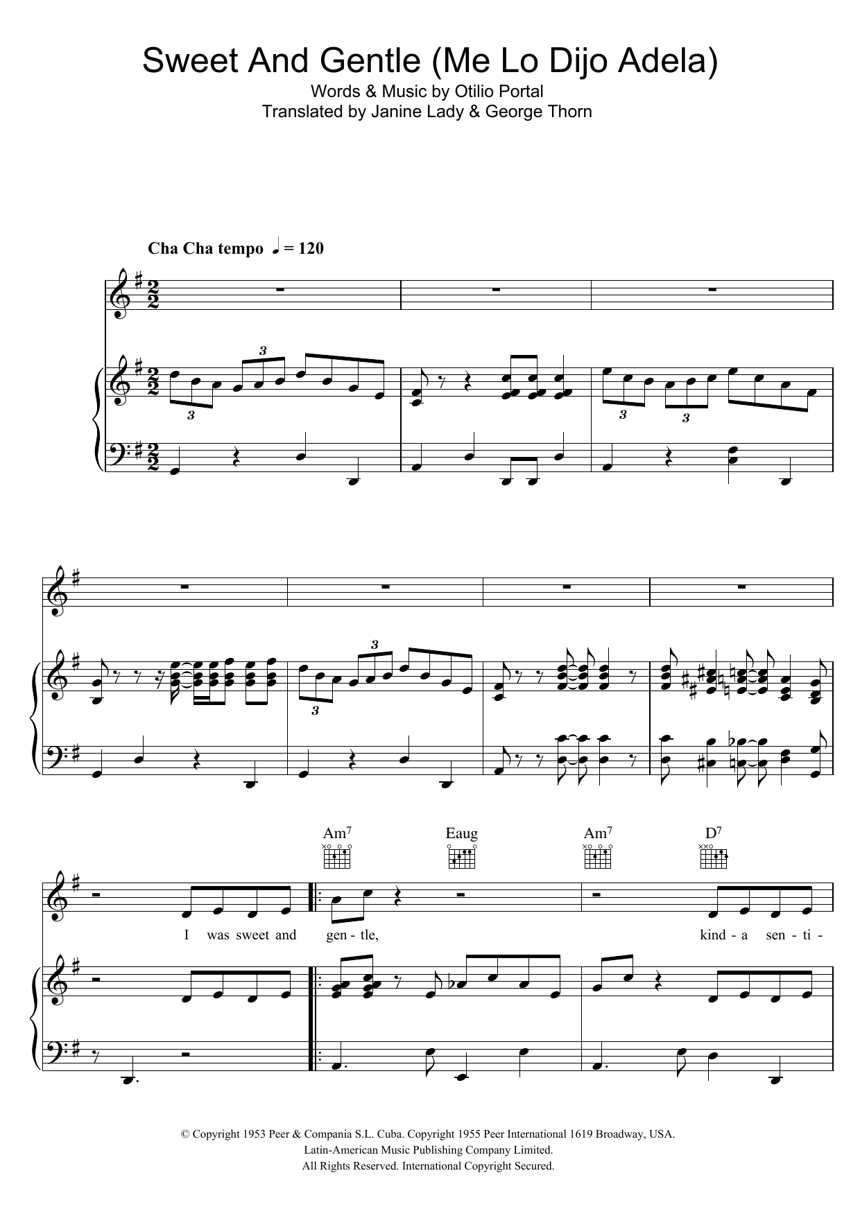 Georgia Gibbs Sweet and Gentle (Me Lo Dijo Adela) Sheet Music Notes & Chords for Piano, Vocal & Guitar (Right-Hand Melody) - Download or Print PDF
