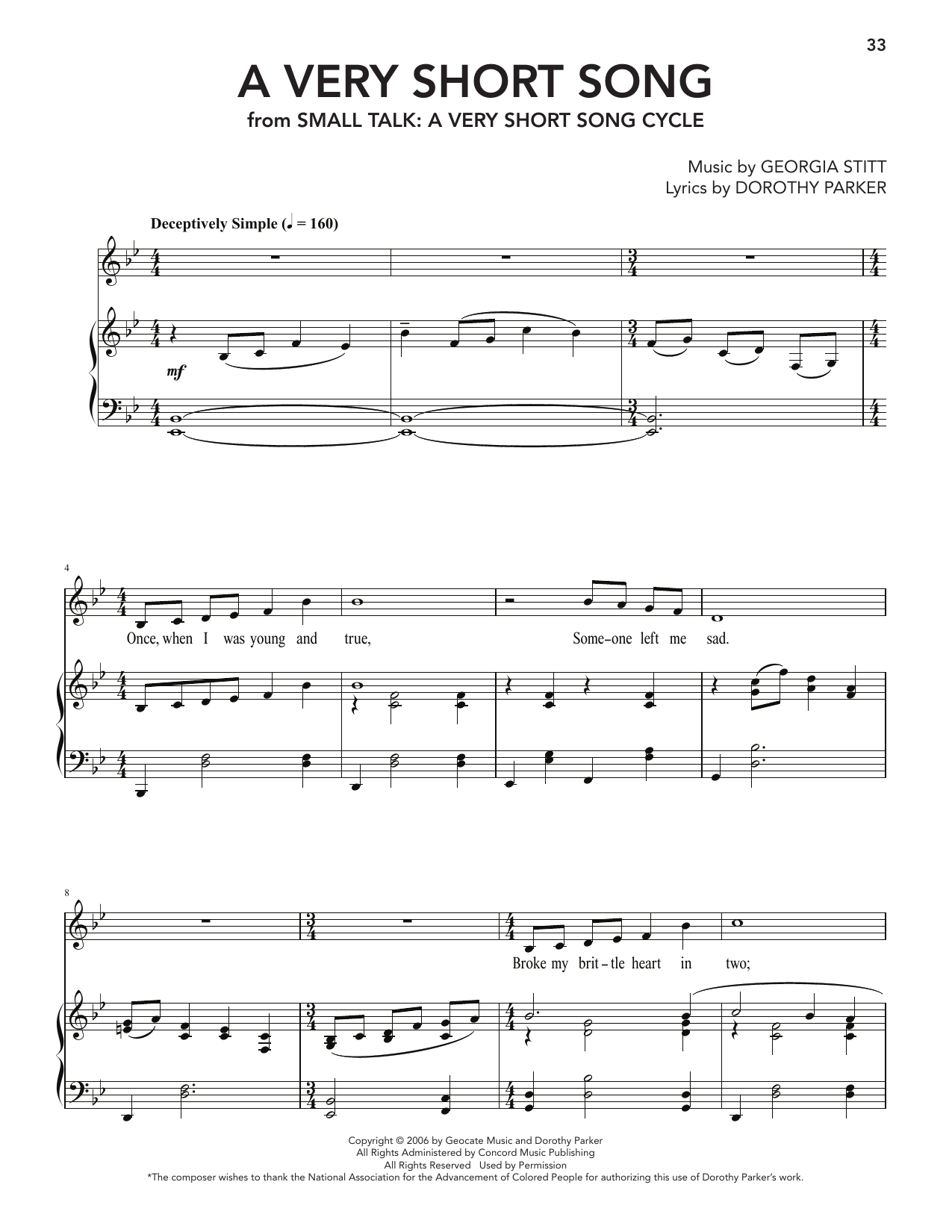 Georgia Stitt A Very Short Song (from Small Talk: A Very Short Song Cycle) Sheet Music Notes & Chords for Piano & Vocal - Download or Print PDF