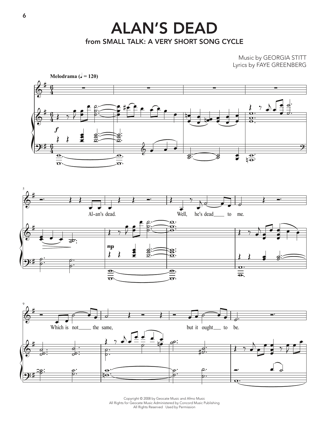 Georgia Stitt Alan's Dead (from Small Talk: A Very Short Song Cycle) Sheet Music Notes & Chords for Piano & Vocal - Download or Print PDF