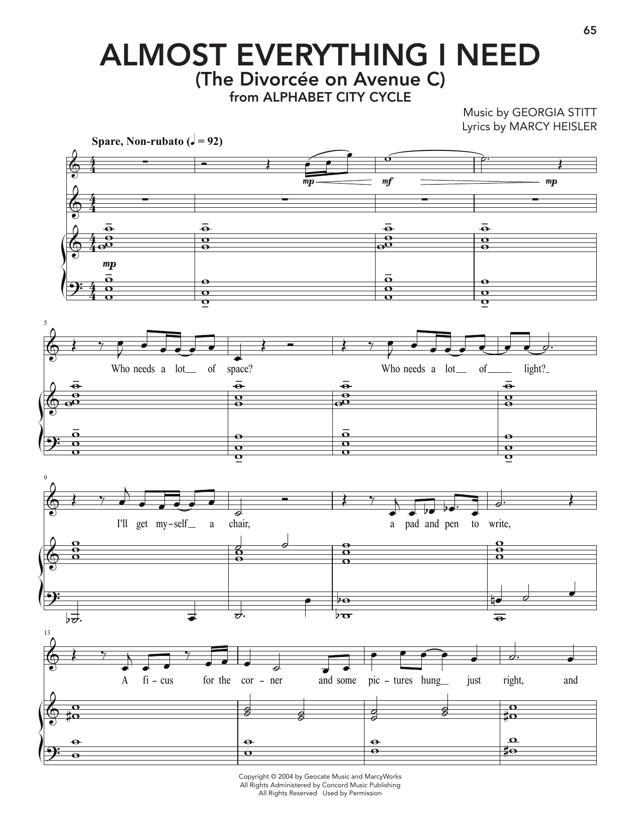 Georgia Stitt Almost Everything I Need (The Divorcée On Avenue C) Sheet Music Notes & Chords for Piano & Vocal - Download or Print PDF
