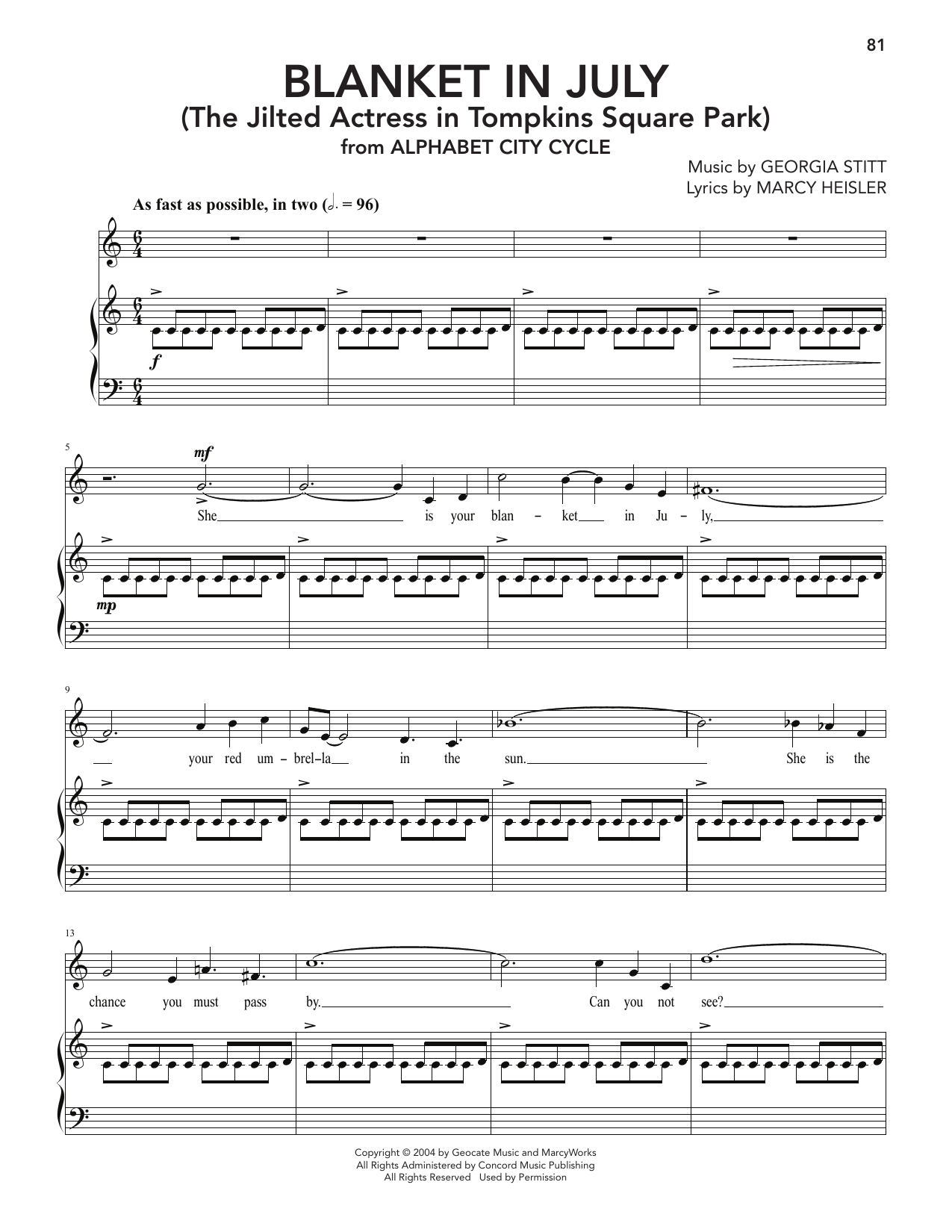 Georgia Stitt Blanket In July (The Jilted Actress In Tompkins Square Park) Sheet Music Notes & Chords for Piano & Vocal - Download or Print PDF