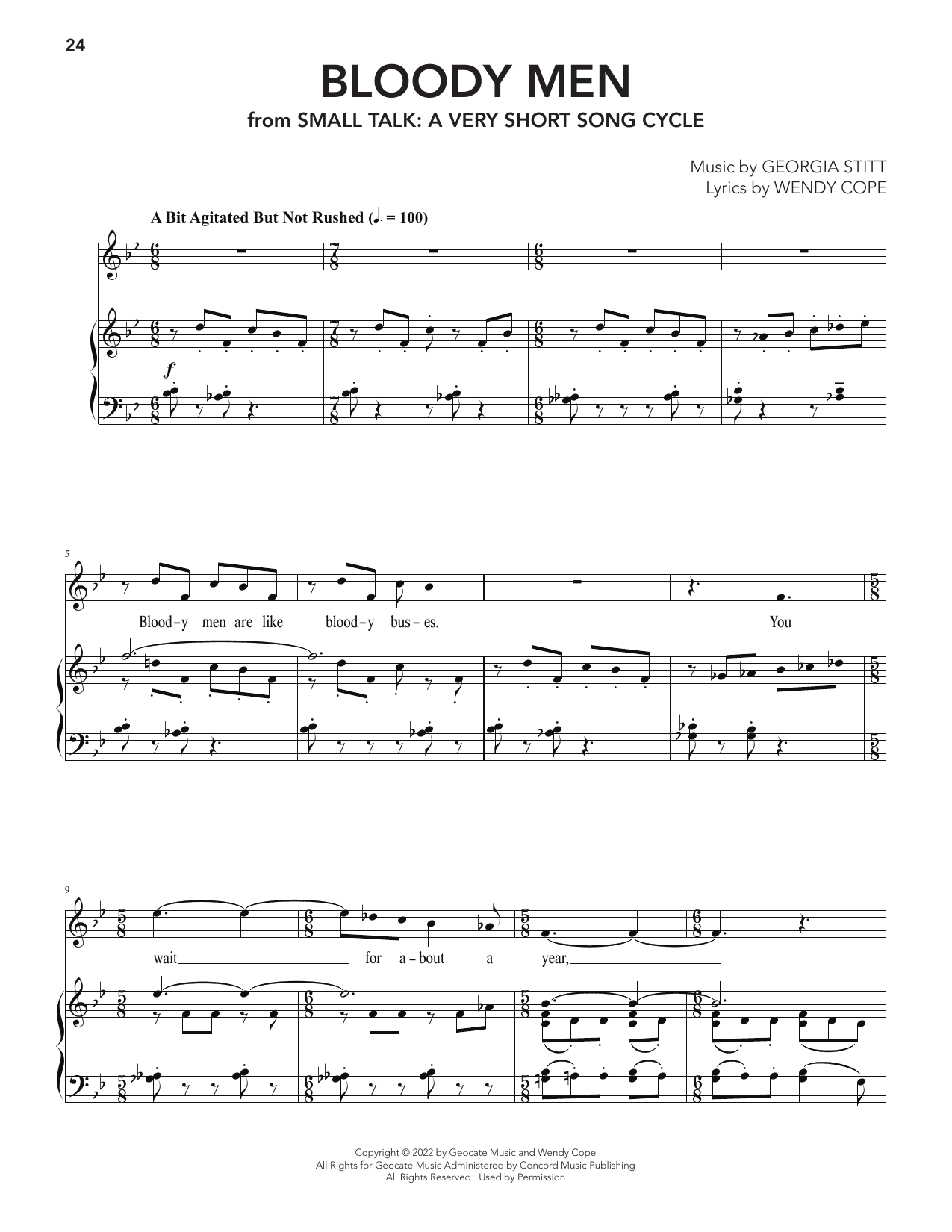 Georgia Stitt Bloody Men (from Small Talk: A Very Short Song Cycle) Sheet Music Notes & Chords for Piano & Vocal - Download or Print PDF
