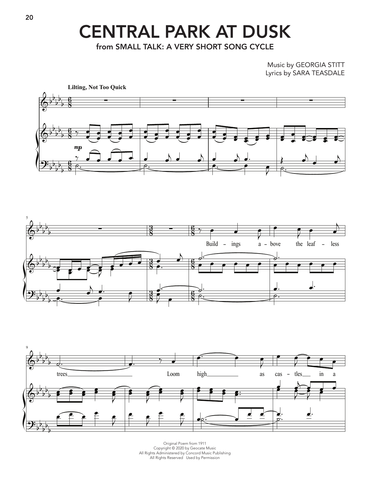 Georgia Stitt Central Park At Dusk (from Small Talk: A Very Short Song Cycle) Sheet Music Notes & Chords for Piano & Vocal - Download or Print PDF