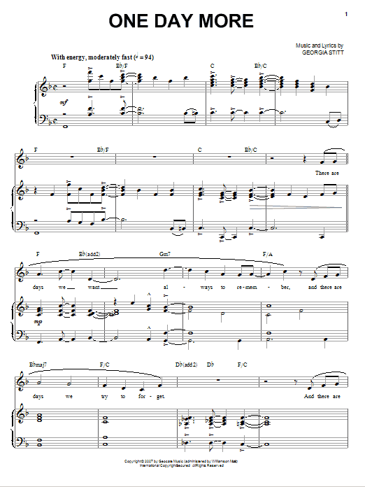 Georgia Stitt One Day More Sheet Music Notes & Chords for Piano, Vocal & Guitar (Right-Hand Melody) - Download or Print PDF
